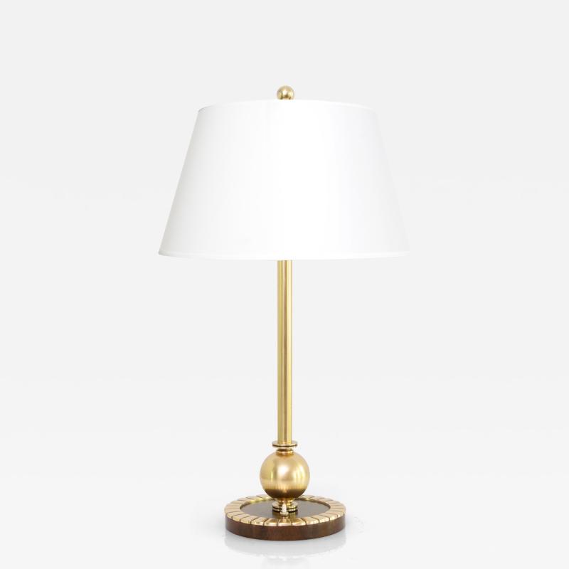SWEDISH ART DECO TABLE LAMP WITH BRASS BODY ON A WOOD AND BRASS BASE 