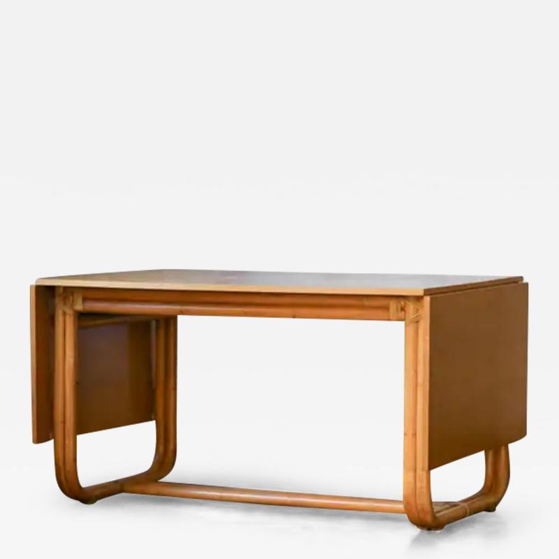 Sabatin bamboo table with extendable wooden shelf and leather bindings
