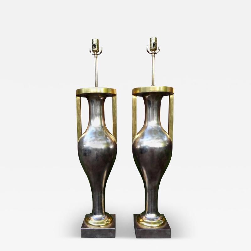 Sally Sirkin Lewis Pair of Monumental Neoclassical Style Silver and Gold Giltwood Urn Form Lamps