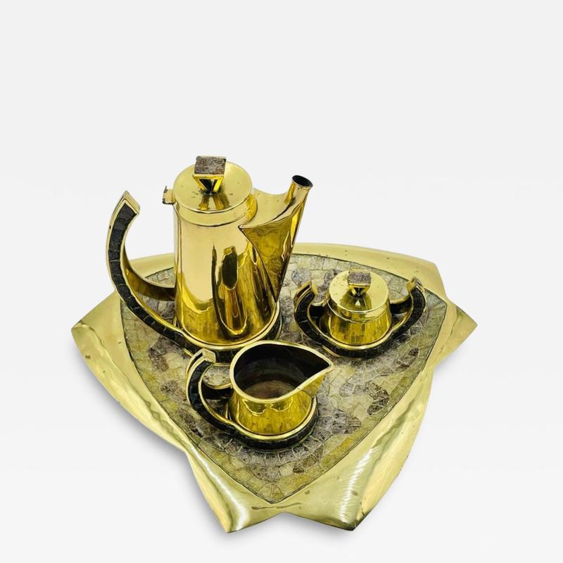 Salvador Teran Silver Malachite Creamer Spoon Covered Sugar Pot Set by Emilia Castillo