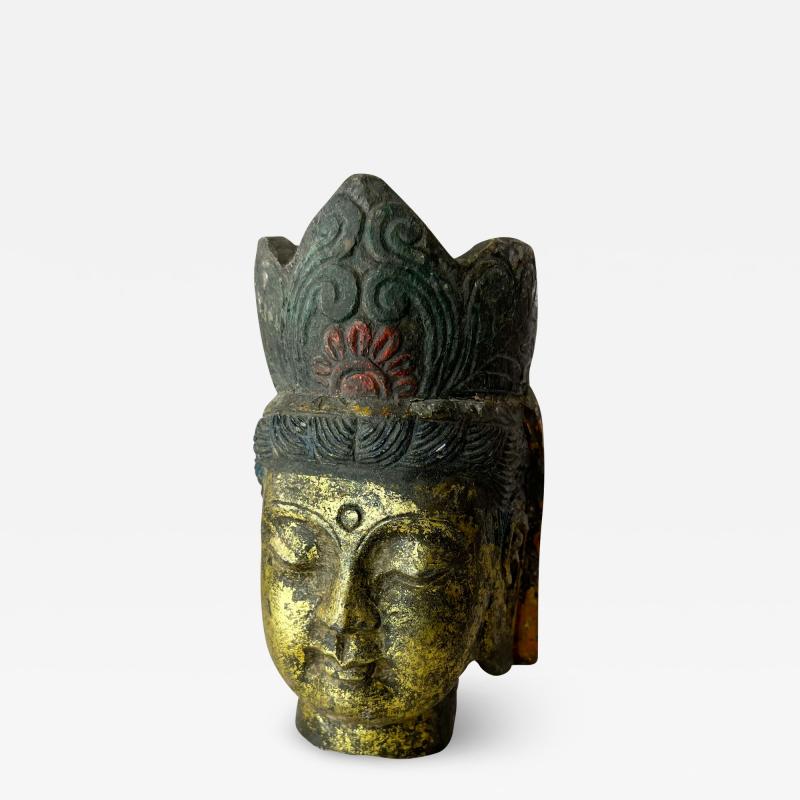 Salvaged Stone Beautiful Golden Buddha Head Sculpture Ornately Carved Crown