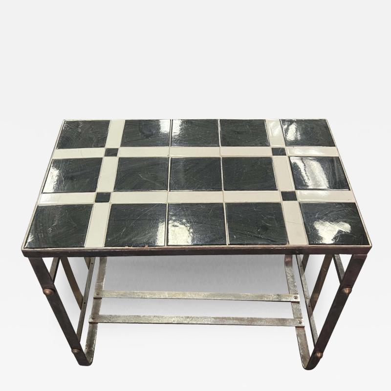 Salvatore Bevelacqua ART DECO CHROME COPPER BAND WITH BRASS CAP ACCENTS BLACK WHITE TILE TABLE