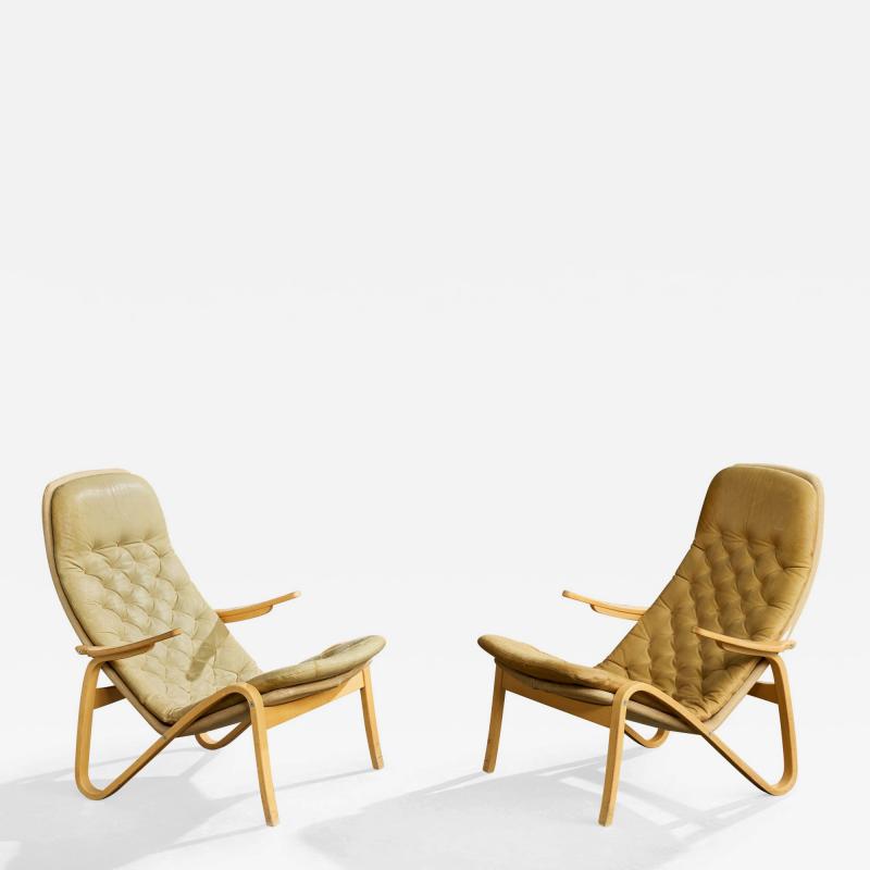 Sam Larsson Sam Larsson Lounge Chairs with Wood Canvas and Leather Sweden 1970s