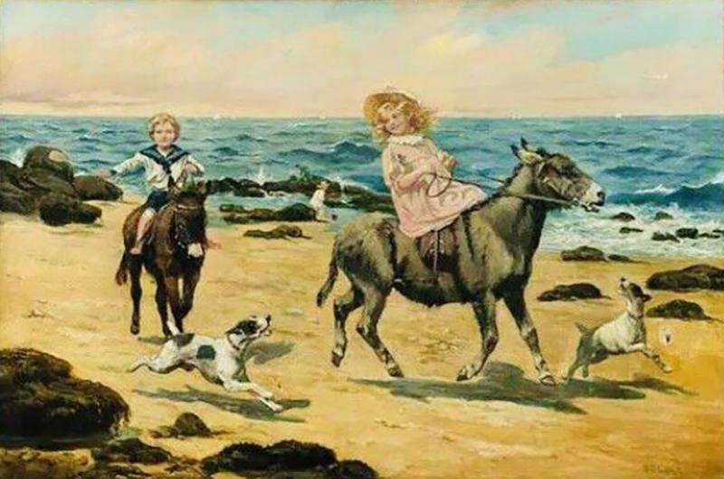 Samuel S Carr 1837 1908 American Idyllic Beachside Scene Children Dogs