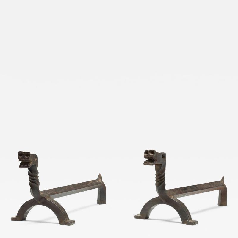 Samuel Yellin Pair of Figural Dragon Andirons In the Manner of Samuel Yellin 1930c 