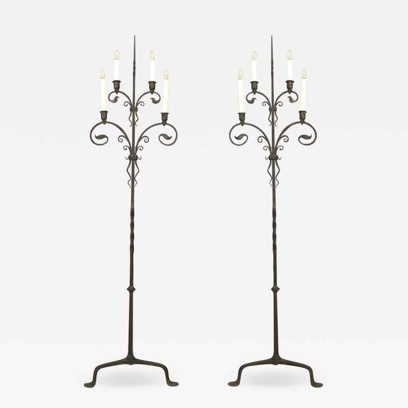 Samuel Yellin Pair of Victorian Style Wrought Iron Samuel Yellin Candle Stands