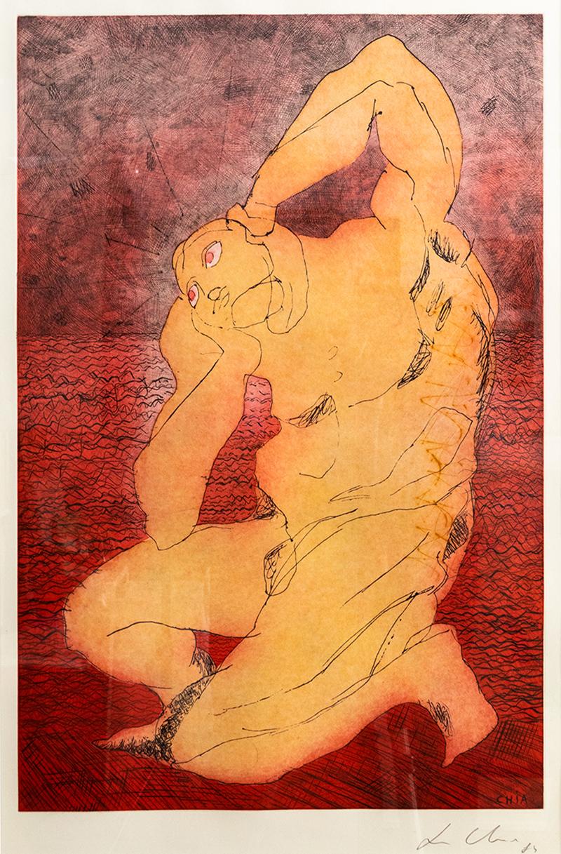 Sandro Chia SANDRO CHIA AQUATINT PRINT IN RED YELLOW MAN SEA 1984 