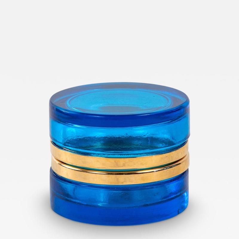 Sapphire Blue Round Glass Box with Polished Bronze Mount France Early 20th C 