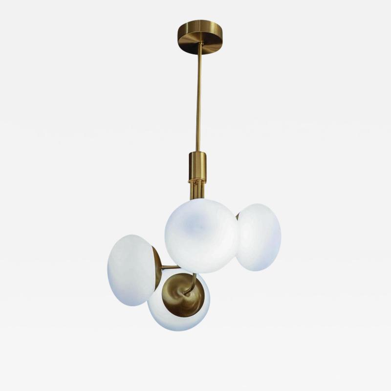 Satin Brass Suspension with Four Lights and Round White Glass Globe