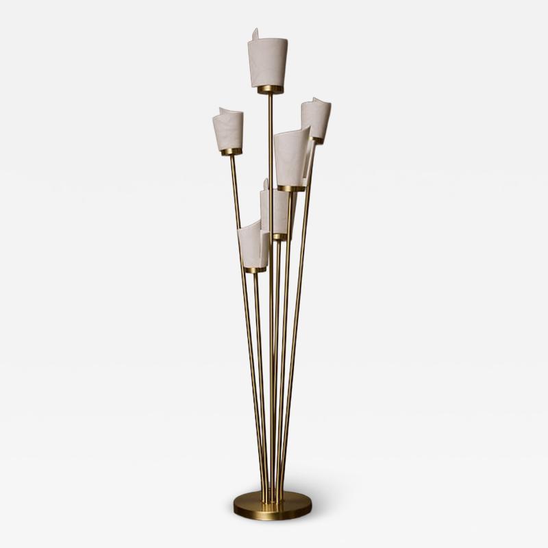 Satinated Brass and Alabaster Spiral Shades Six Arms of Light Floor Lamp