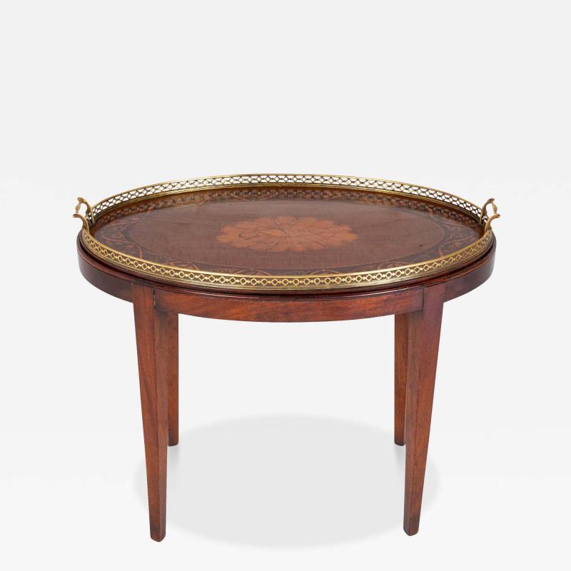 Satinwood Inlaid Brass Gallery Oval Tray on Stand with Elaborate Inlaid Border