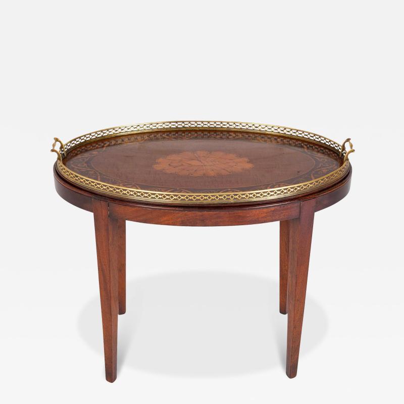 Satinwood Inlaid Brass Gallery Oval Tray on Stand with Elaborate Inlaid Border