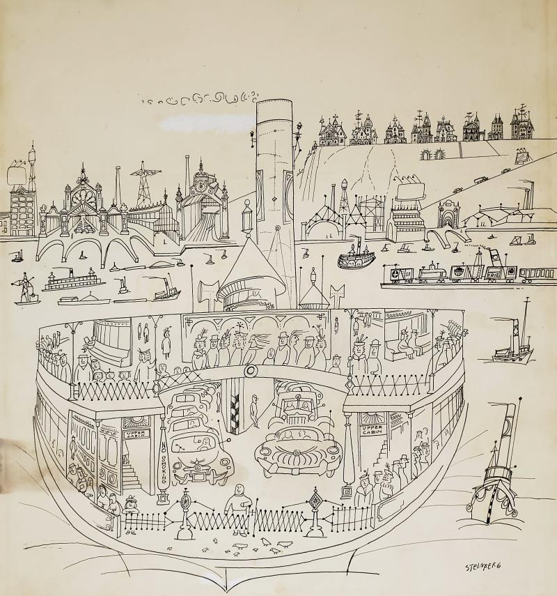 Saul Steinberg New York Harbor with Ferry boats and Victorian Houses Holiday Magazine