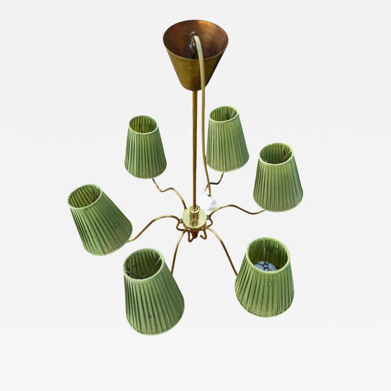 Scandinavian 6 Light Walnut and Brass Pendant Chandelier