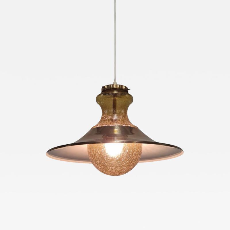 Scandinavian Amber Coloured Crackled Glass Bubble Pendant with Brass Shade 1970s
