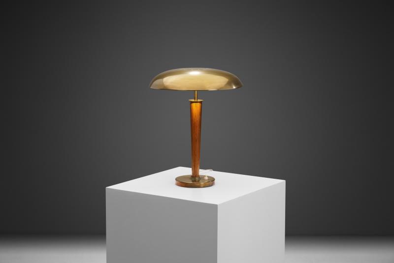 Picture of Scandinavian Brass and Pine Wood Table Lamp, Scandinavia ca 1940s