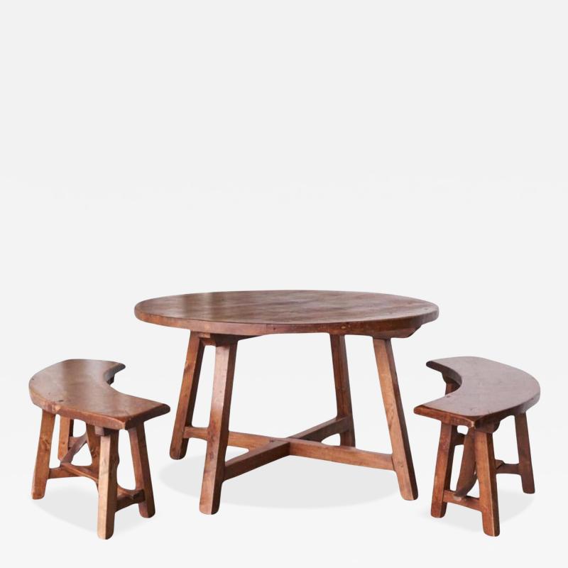 Scandinavian Cabinetmaker Rustic Set of Table and Benches in Solid Pine 1940s