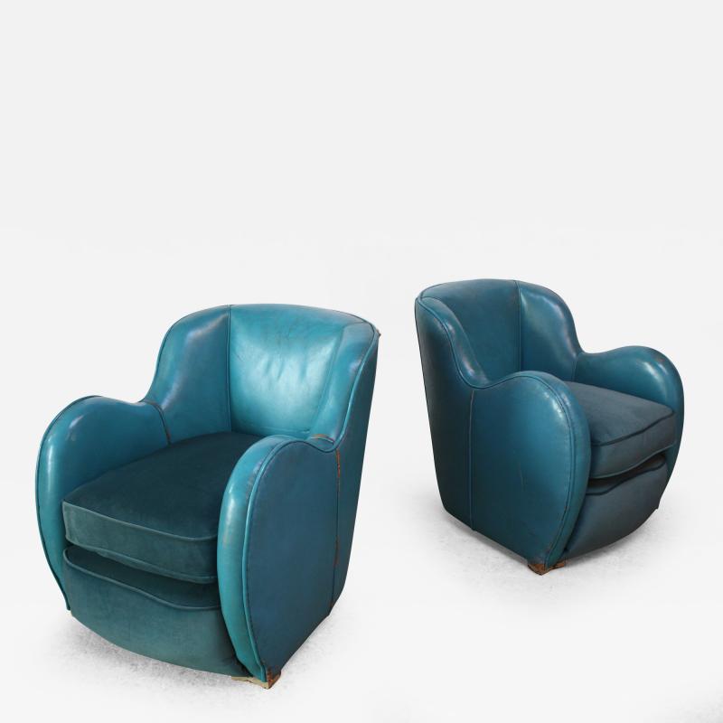 Scandinavian Deco Club Chairs in Blue Leather and Velvet