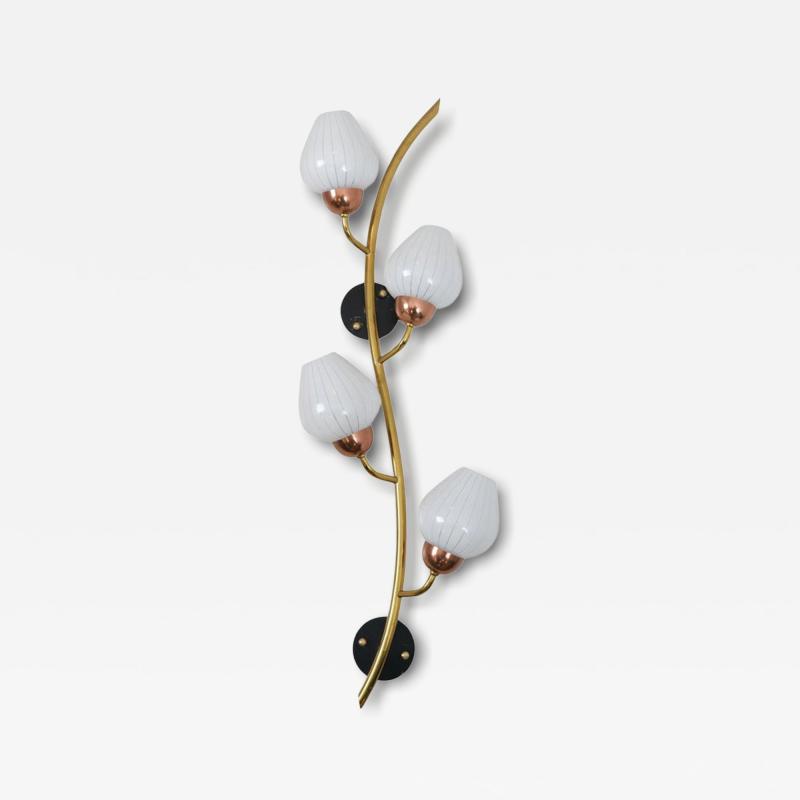 Scandinavian Floral Wall Lamp Brass Copper Black Metal White Glass 1960s