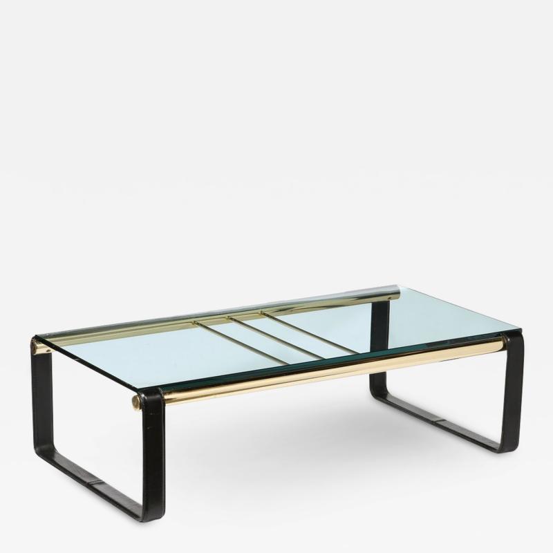 Scandinavian Mid Century Modern Brass Black Leather Glass Cocktail Table