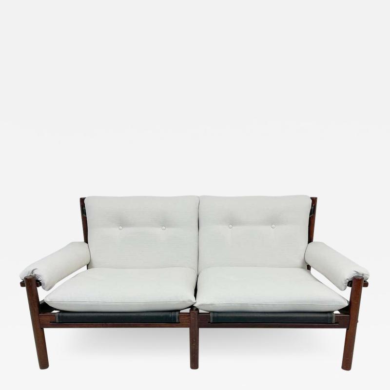 Scandinavian Modern 2 Seat Sofa White Textile and Stained Wood