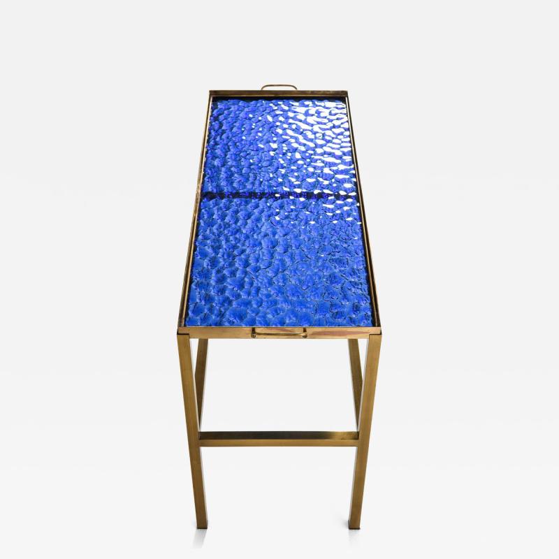 Scandinavian Modern Brass and Glass Side Table in Blue Gold 1950s