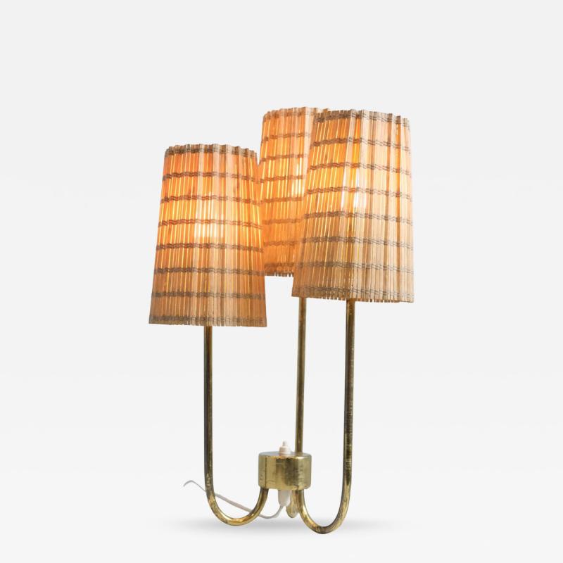 Scandinavian Modern Table Lamp in Brass Glass and Rattan Finland 1950s