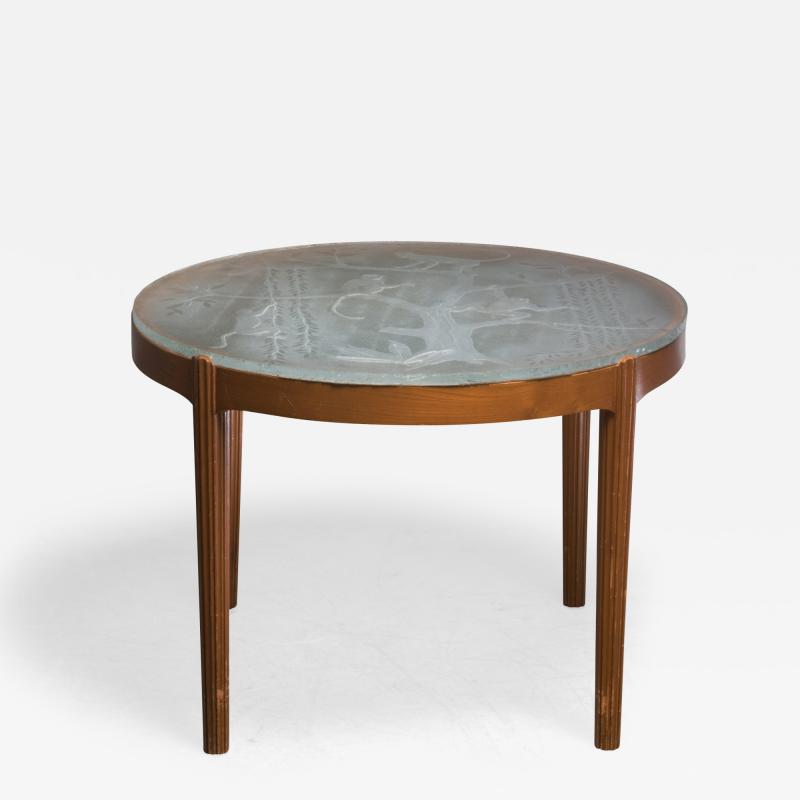 Scandinavian Modern elm coffee table with glass top