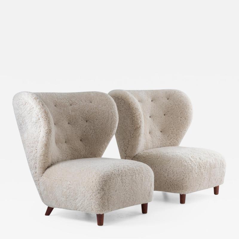 Scandinavian Wing Back Lounge Chairs in Sheepskin 1930s