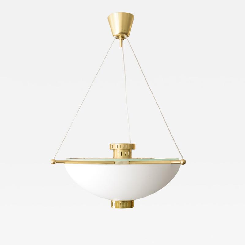 Scandinavian modern opaline glass half globe pendant with brass elements 1950