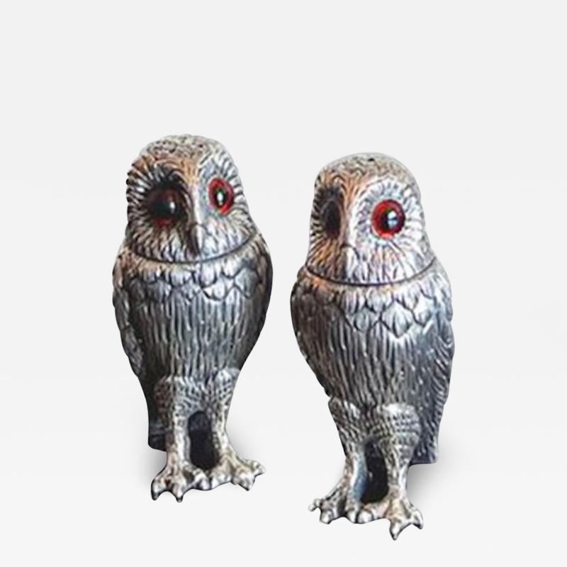 Scottish Sterling Silver Owl Formed Salt Pepper Shakers c1950s