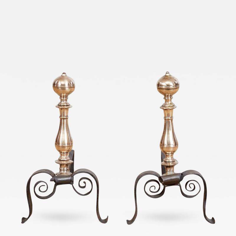 Scrolled Iron and Brass Andirons