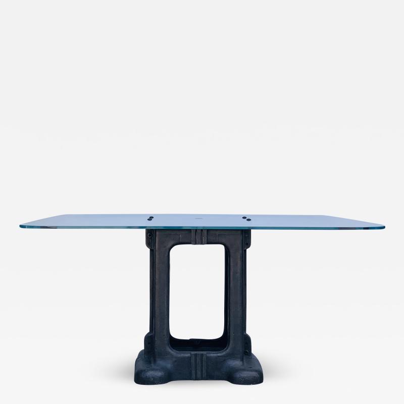 Sculptural Cast Iron Pedestal and Glass Industrial Dining Work Table