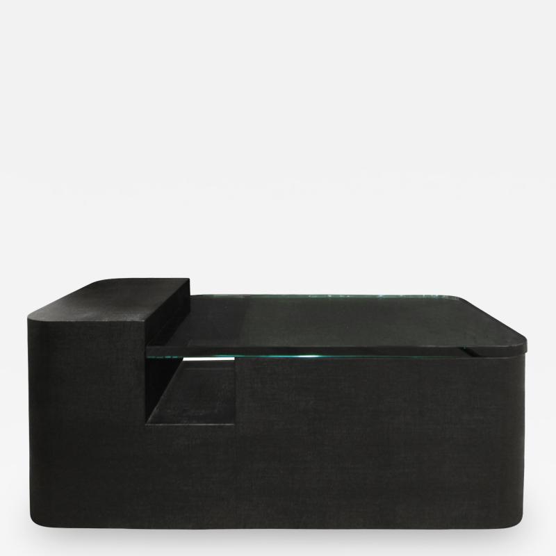 Sculptural Coffee Table in Black Lacquered Linen and Glass 1970s