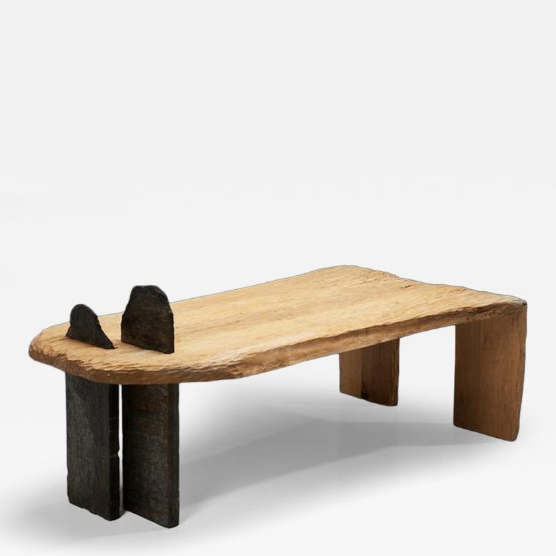 Sculptural Coffee Table with Wood Etching and Slate Legs Europe ca 1990s