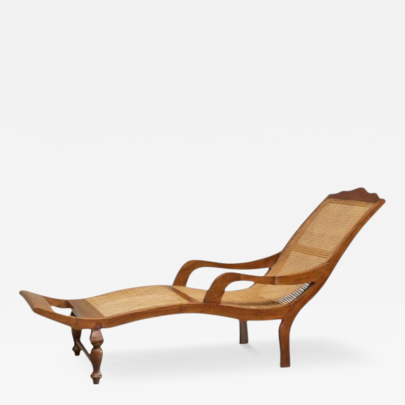 Sculptural Colonial Chaise Longue in Wood and Webbing Early 20th Century