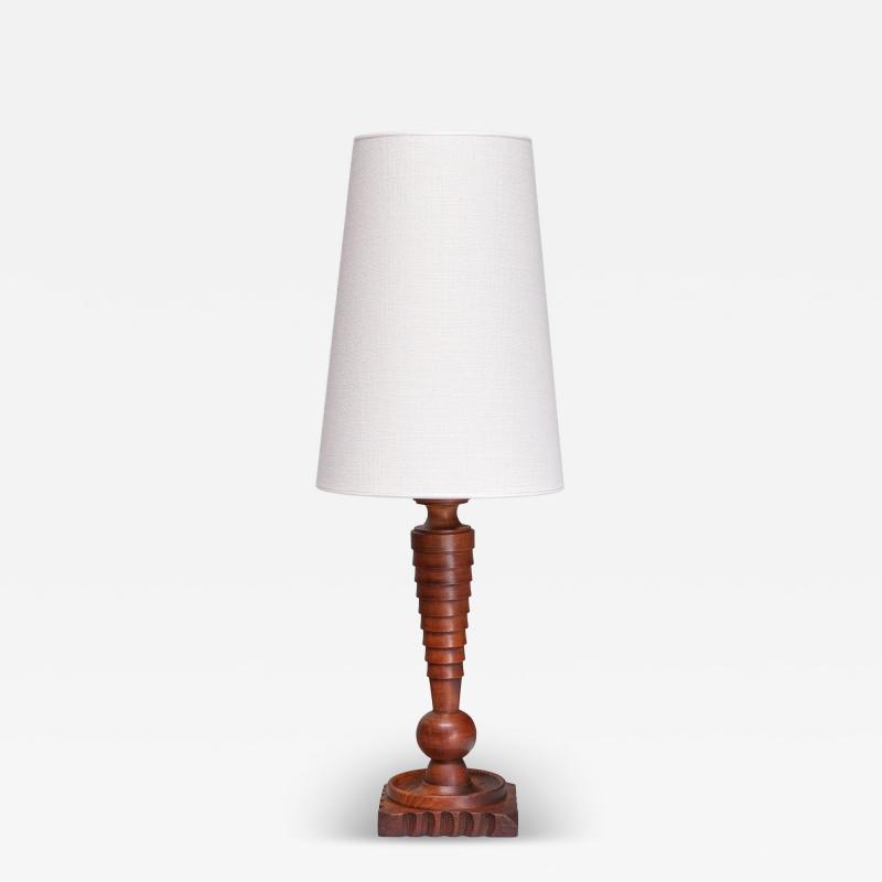 Sculptural French Art Deco Tall Table Lamp in Turned Oak and Ivory Shade 1920s