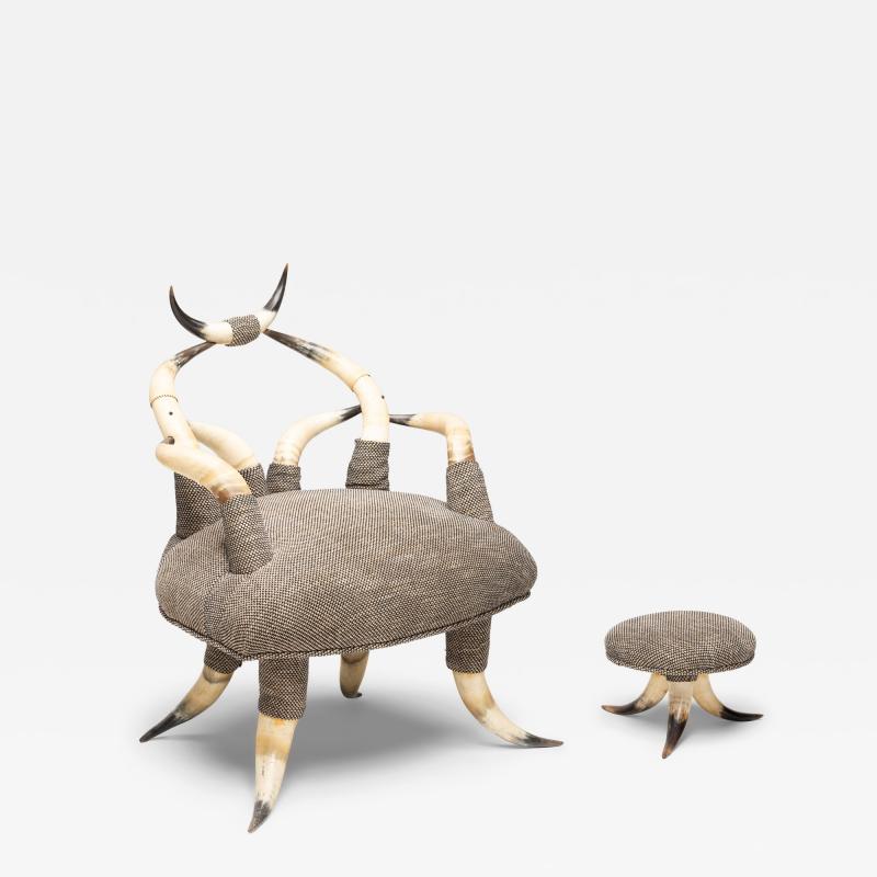Sculptural Horn Chair with Footstool