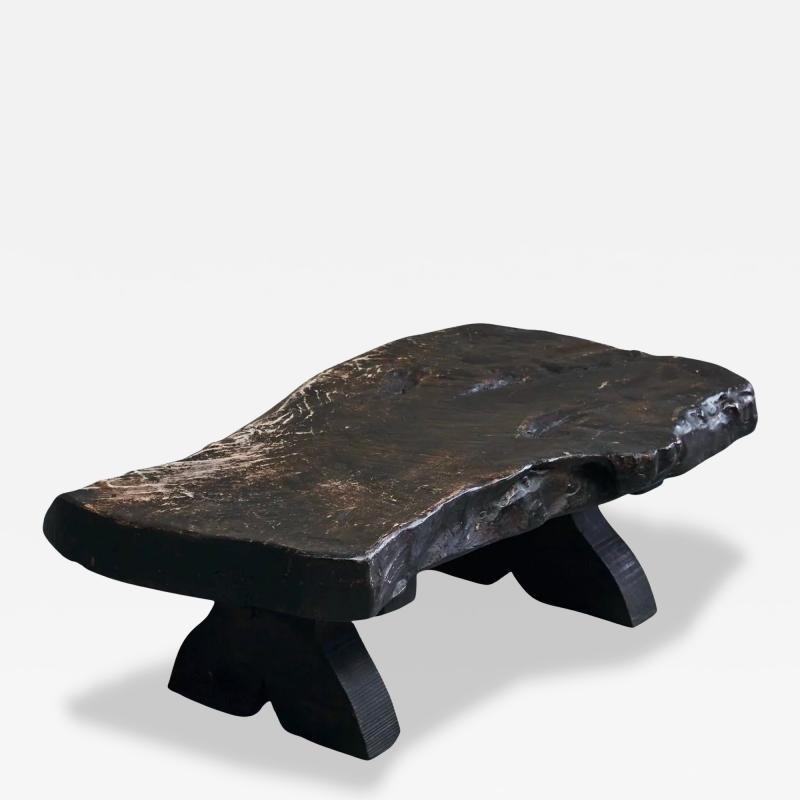 Sculptural Live Edge Coffee Table in Solid Dark Stained Wood Europe 1960s