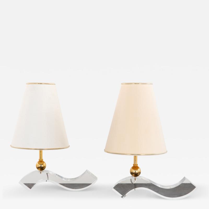 Sculptural Lucite and Brass Wavy Table Lamps