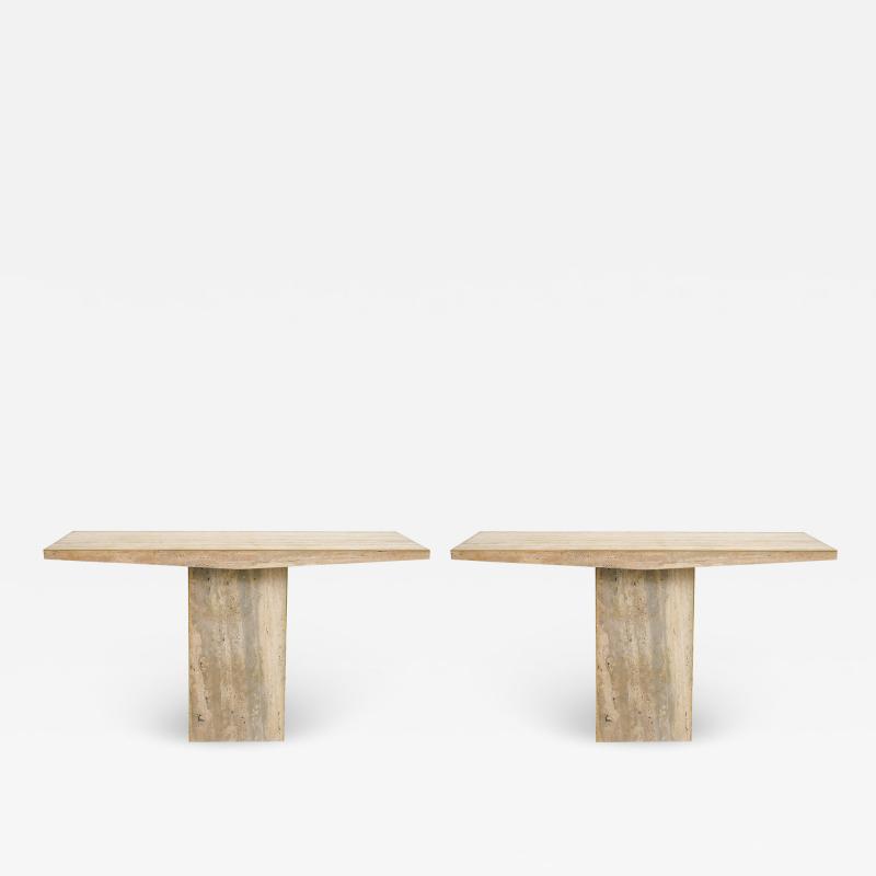 Sculptural Pair of Contemporary Travertine Consoles with Brass Banding