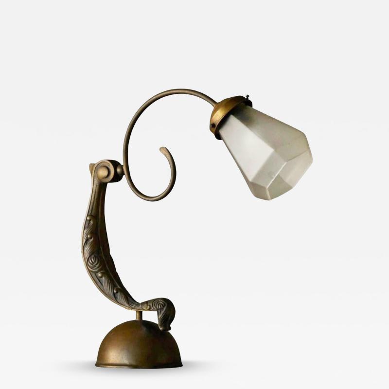 Sculptural Table Lamp in Brass and Opaline Glass Europe Early 20th Century