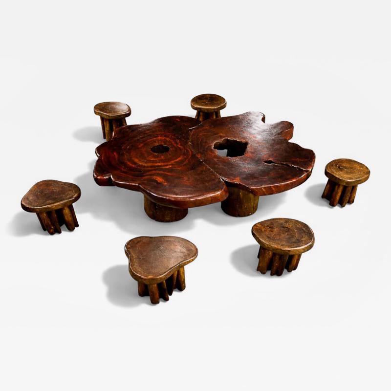 Sculptural Table with 6 Matching Stools in Reclaimed Wood Lot 764 765