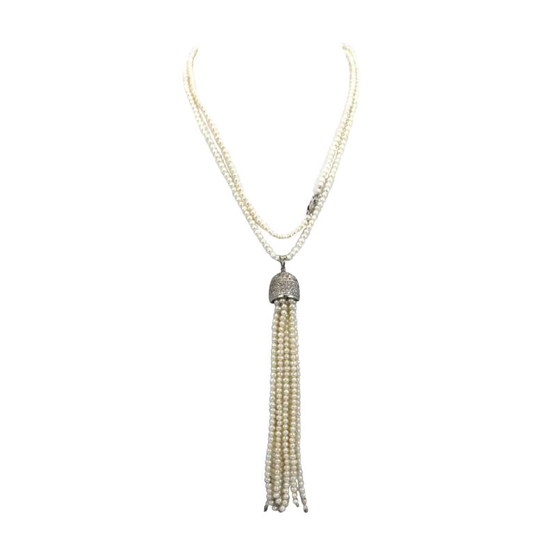Seed Pearl Necklace with 4 1 2 Pearl Tassel 18K WG 32 L