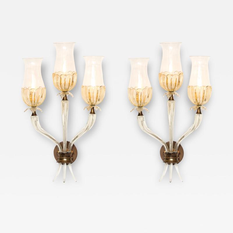 Seguso Vetri d Arte Rare Pair of Large Three Arm Murano Gold Glass Sconces by Seguso Vetri dArte