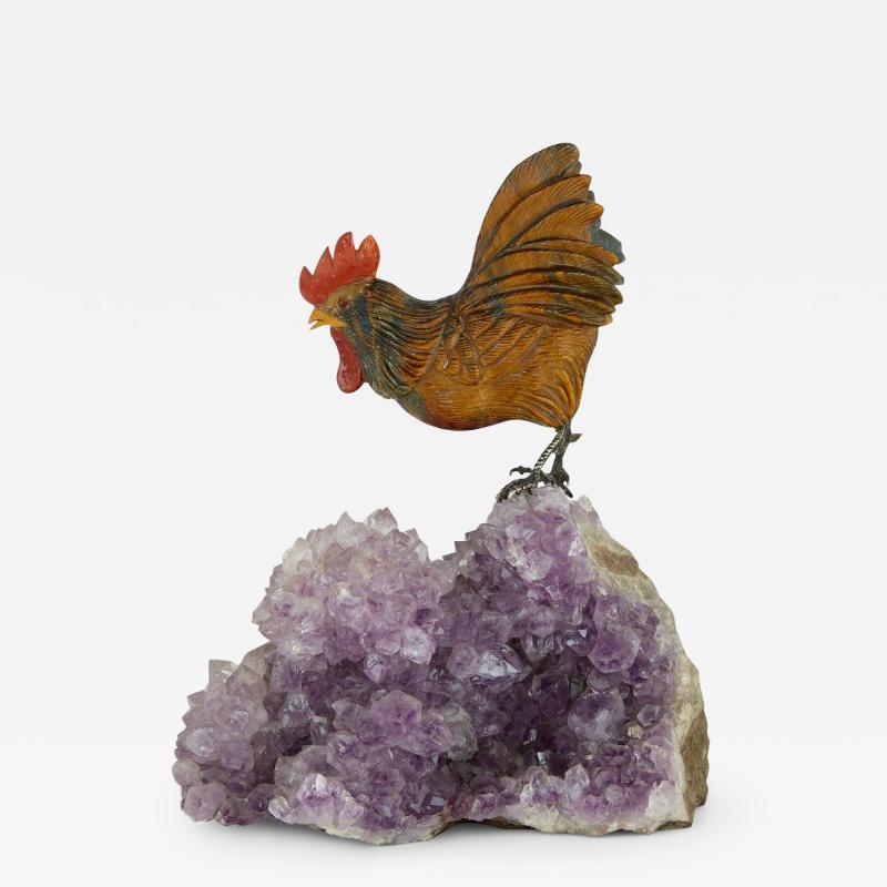 Semi precious stone and silver model of a cockerel