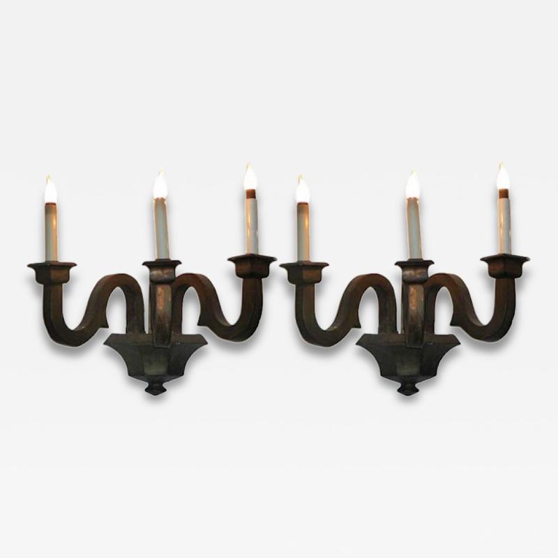 Serge Roche Pair of Large French Mid Century Modern Neoclassical Gilt Plaster Sconces 1940