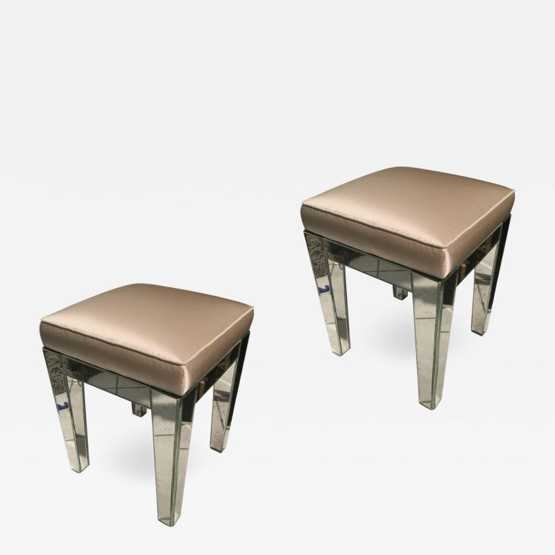 Serge Roche Serge Roche Pair of Mirrored Stools Newly Covered in Pale Pink Silk