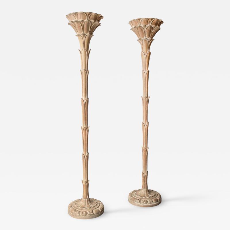Serge Roche Torchiere Floor Lamps after Serge Roche Hand Carved Limed Oak Palm Trees 1940s