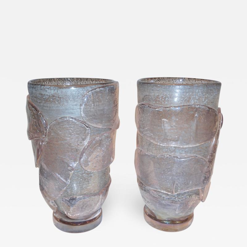 Sergio Costantini 1990s Costantini Italian Pair of Silver Gray Pink Murano Alexandrite Glass Vases